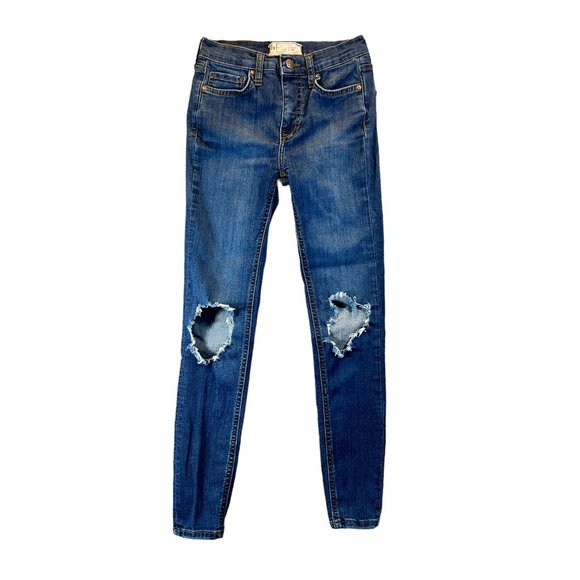 Free People Womens Size 25R Medium Wash Distressed Open Knee Skinny Jeans Denim - Picture 1 of 12